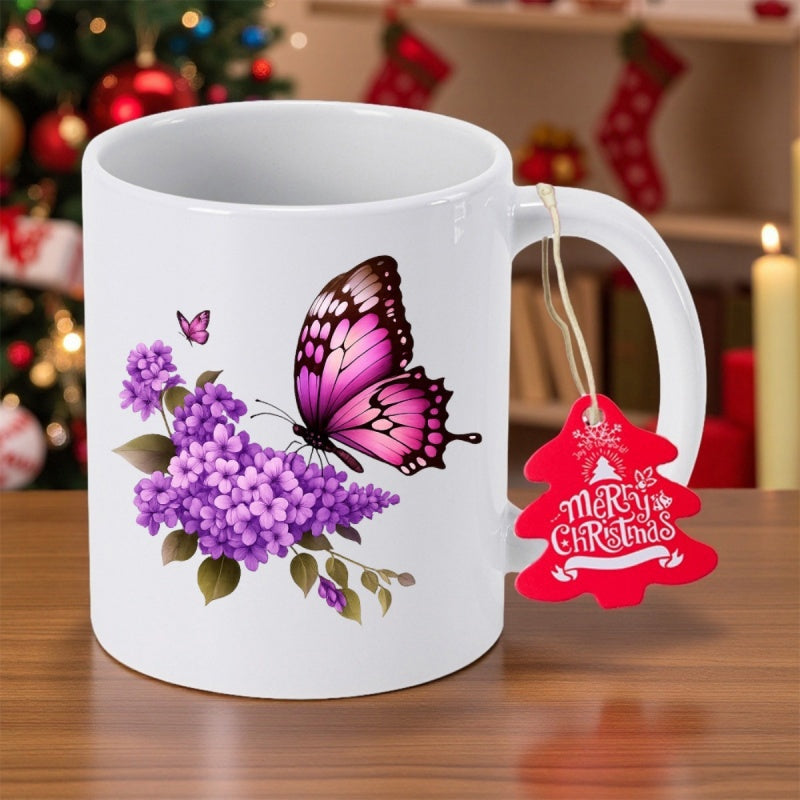 Tailorly White Ceramic 11 oz Mug - Vibrant Purple Lilac Flowers With Elegant Pink Winged Insect Resting Among Leaves Butterfly