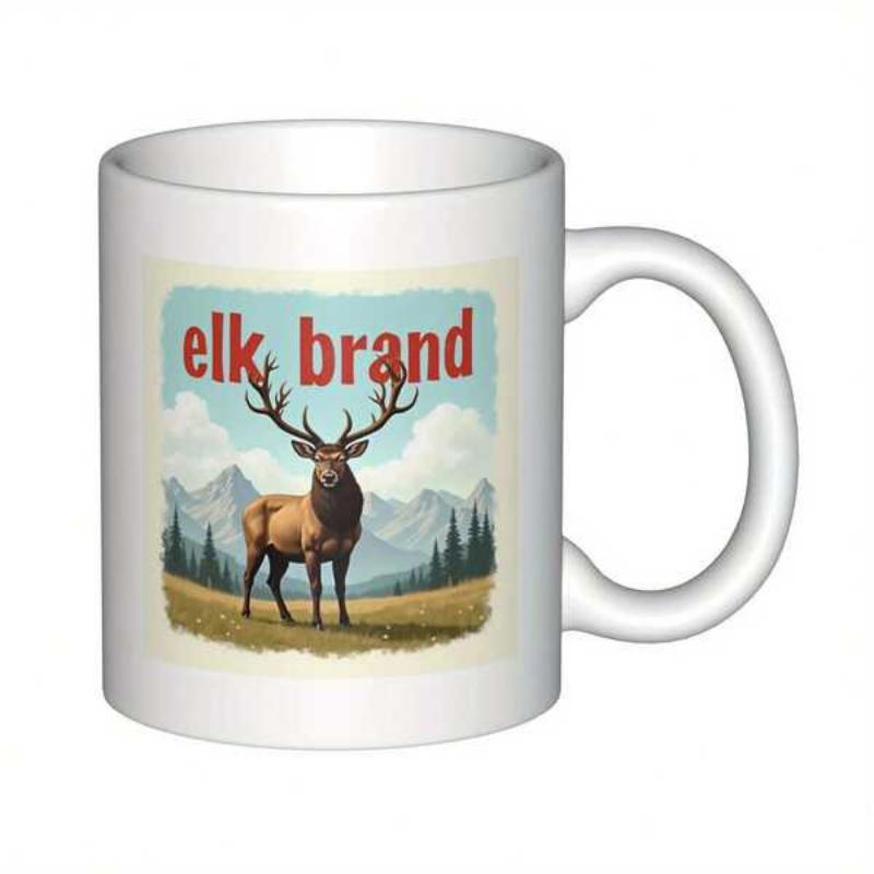 Tailorly White Ceramic 11 oz Mug - Elk Brand Majestic Antlered Animal Standing In A Wild Mountain Forest Meadow Elk