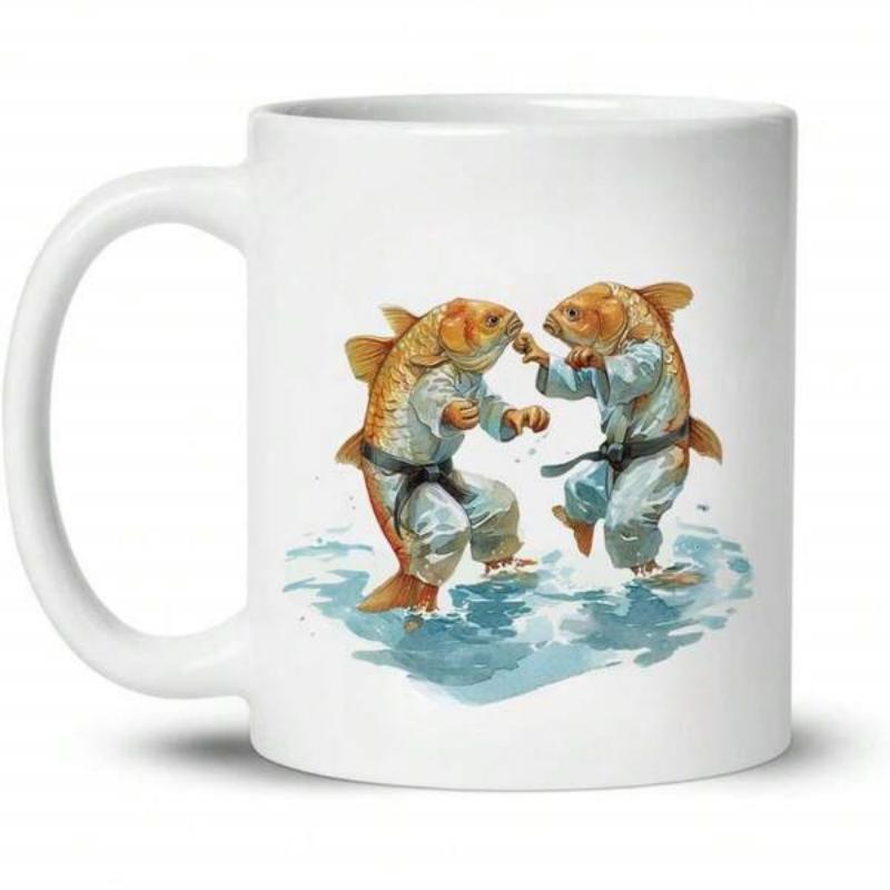 Tailorly White Ceramic 11 oz Mug - Two Athletic Fish Wearing Karate Uniforms Sparring On Rippling Blue Water Fish
