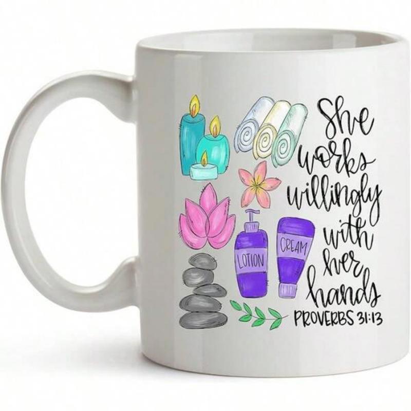 Tailorly White Ceramic 11 oz Mug - She Works Willingly With Her Hands Proverbs 31 13 Serene Spa Elements With Teal Candles And Pink Lotus Flower Among Zen Stones