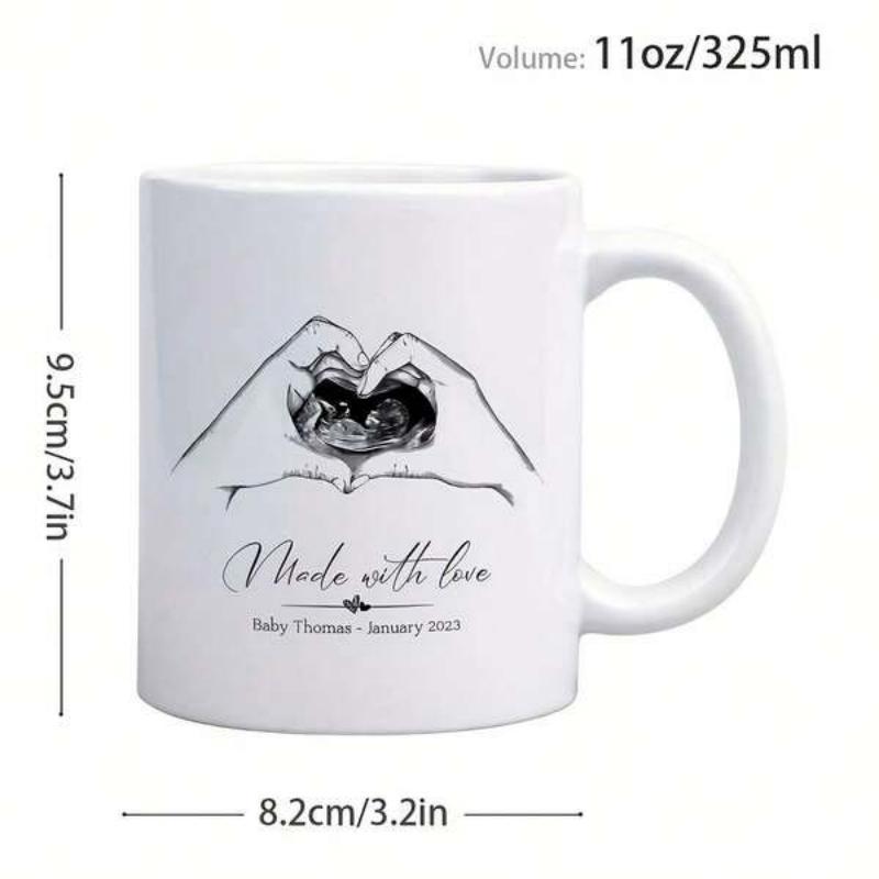 Tailorly White Ceramic 11 oz Mug - Made With Love Baby Thomas January Minimalist Line Drawing Hands Forming Gentle Heart Around Ultrasound Image Heart