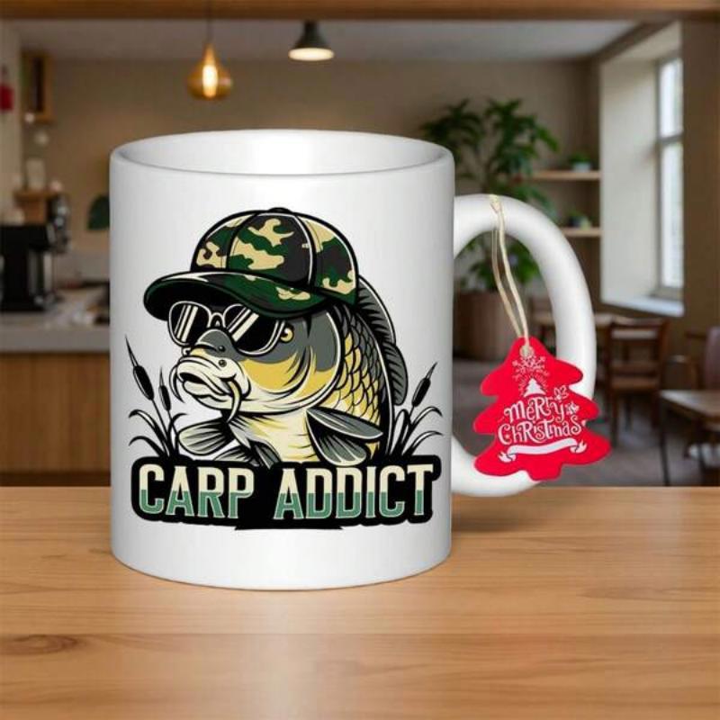 Tailorly White Ceramic 11 oz Mug - Carp Addict Cool Stylized Fish Wearing Camouflage Hat And Sunglasses Among Reeds Carp