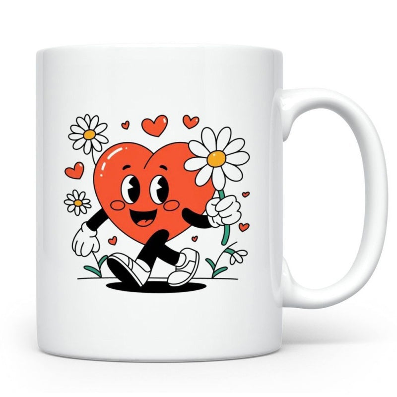 Tailorly White Ceramic 11 oz Mug - Vintage Retro Style Character Walking Joyfully Among Little Flowers Heart