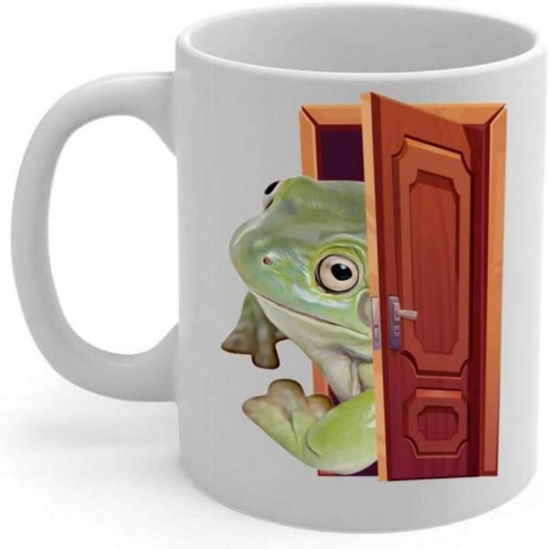 Tailorly White Ceramic 11 oz Mug - Realistic Green Peeking Behind A Tiny Brown Wooden Door Frog