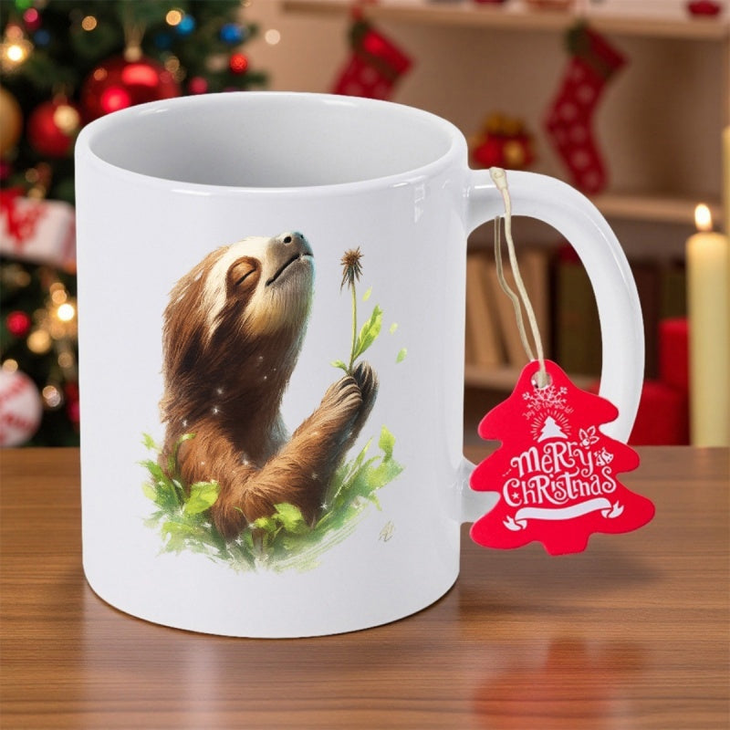 Tailorly White Ceramic 11 oz Mug - Merry Christmas Adorable Peaceful Brown Sloth Holding A Tiny Delicate Dandelion Sloth