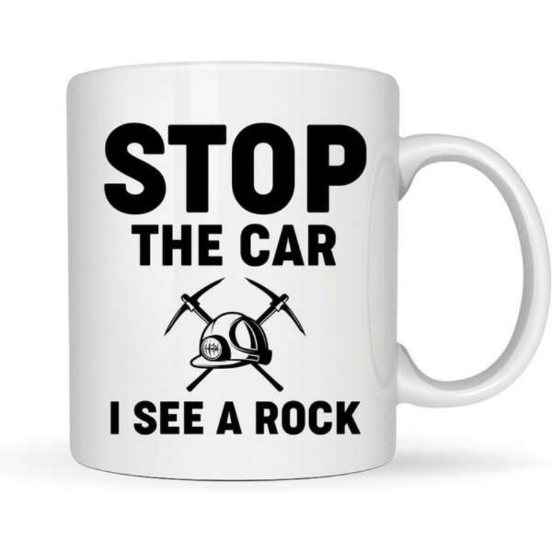 Tailorly White Ceramic 11 oz Mug - Stop The Car I See A Rock Sturdy Protective Gear Featuring Crossed Pickaxes Beneath A Solid Safety Hat Helmet