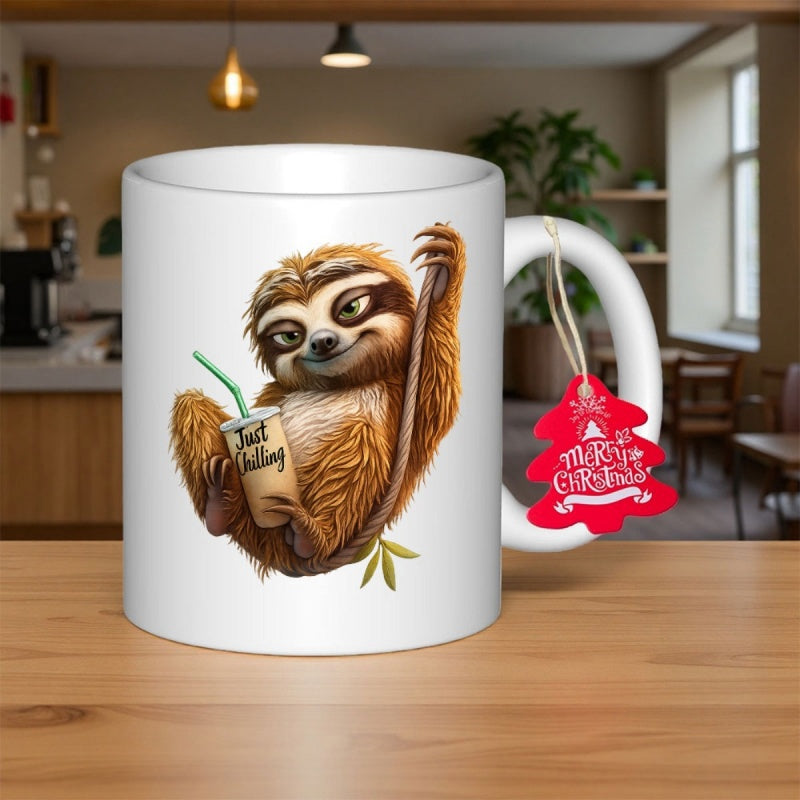 Tailorly White Ceramic 11 oz Mug - Just Chilling Adorable Brown Furry Animal Hanging On Branch Holding Beverage Sloth