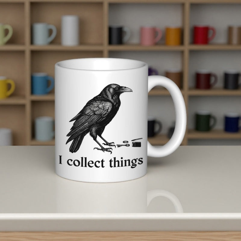 Tailorly White Ceramic 11 oz Mug - I Collect Things Detailed Ink Style Illustration Of A Bird With Small Trinkets Raven