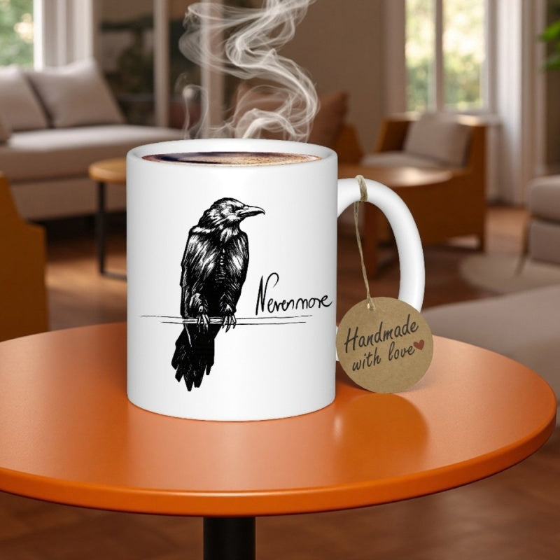 Tailorly White Ceramic 11 oz Mug - Nevermore Detailed Black Ink Sketch Of A Perched Bird Raven