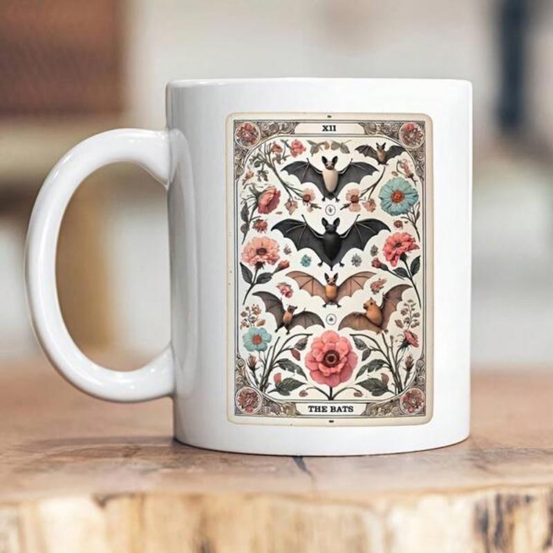 Tailorly White Ceramic 11 oz Mug - The Bats Vintage Tarot Style Layout With Nocturnal Animals And Floral Decorations Bats