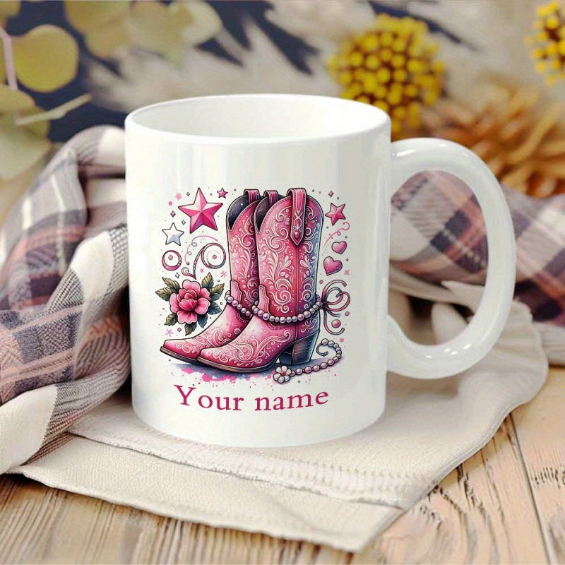Tailorly White Ceramic 11 oz Mug - Your Name Ornate Pink Western Style Cowgirl Footwear With Rose And Stars Boots