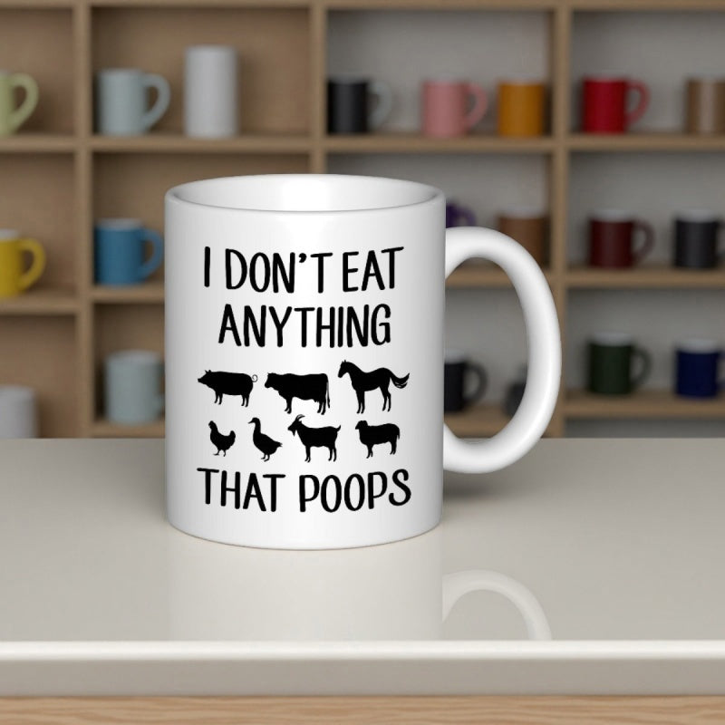 Tailorly White Ceramic 11 oz Mug - I Dont Eat Anything That Poops Minimalist Black Farm Animal Silhouettes Arranged In Two Horizontal Rows Animals