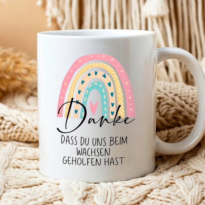 Tailorly White Ceramic 11 oz Mug - Boho Style Pastel Minimalist Art With Tiny Hearts And Lines Rainbow