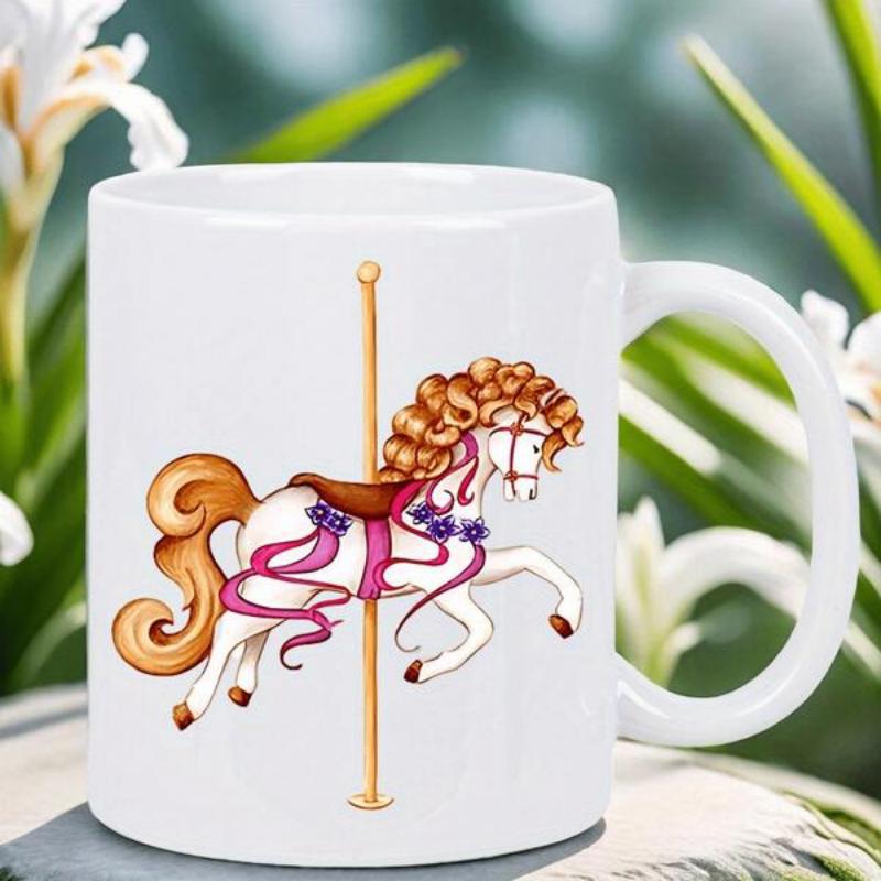 Tailorly White Ceramic 11 oz Mug - Vintage Carousel Style With Golden Mane And Purple Ribbons Horse