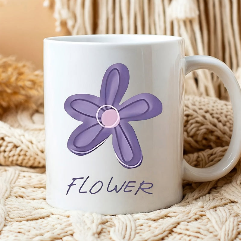 Tailorly White Ceramic 11 oz Mug - Flower Minimalist Hand Drawn Purple Bloom Featuring A Soft Pink Center Flower