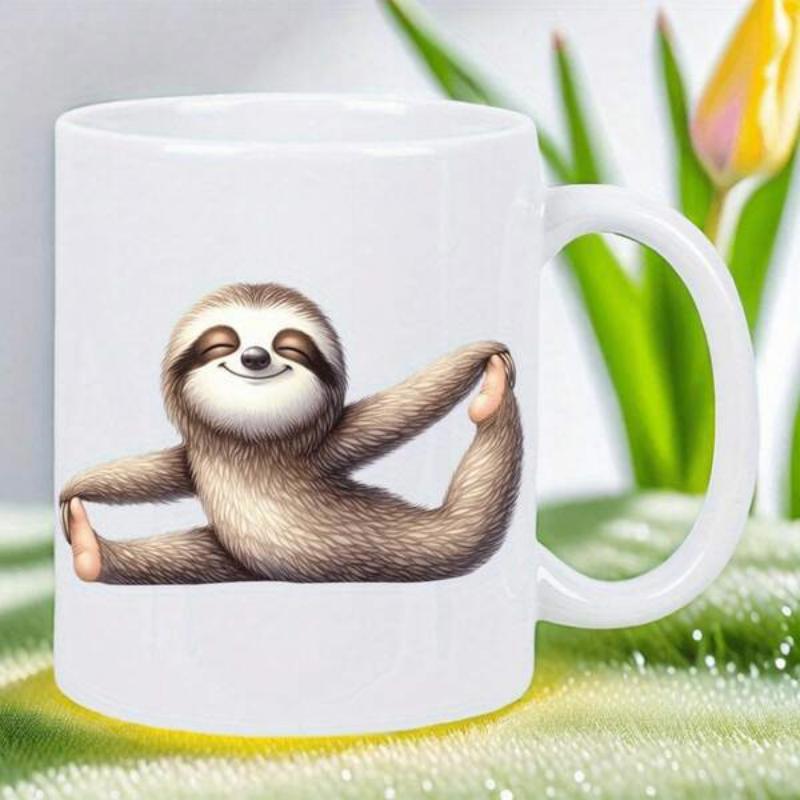 Tailorly White Ceramic 11 oz Mug - Cute Furry Creature Performing Yoga Stretches On A Clean White Surface Sloth
