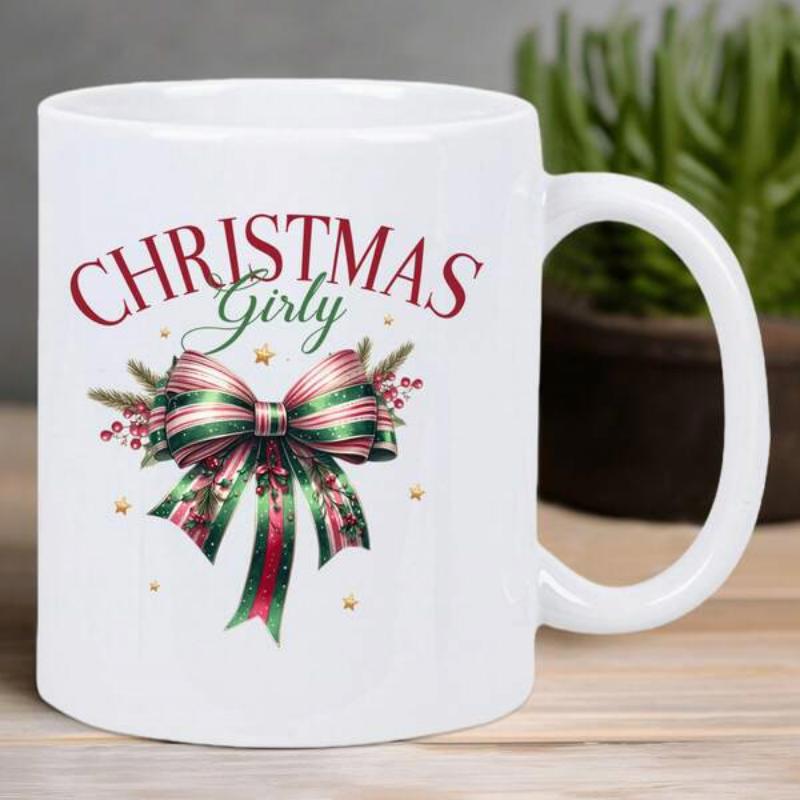 Tailorly White Ceramic 11 oz Mug - Christmas Girly Festive Striped Ribbon With Pine Needles And Berries Decorative Bow