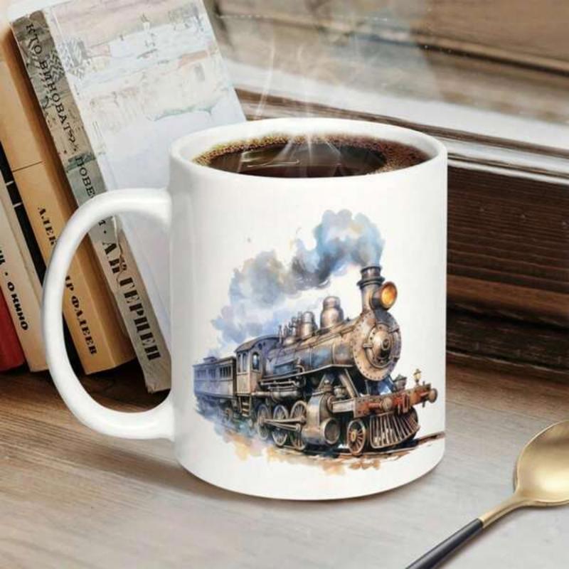 Tailorly White Ceramic 11 oz Mug - Vintage Steam Locomotive Releasing Thick Blue Smoke Moving Along Tracks Train