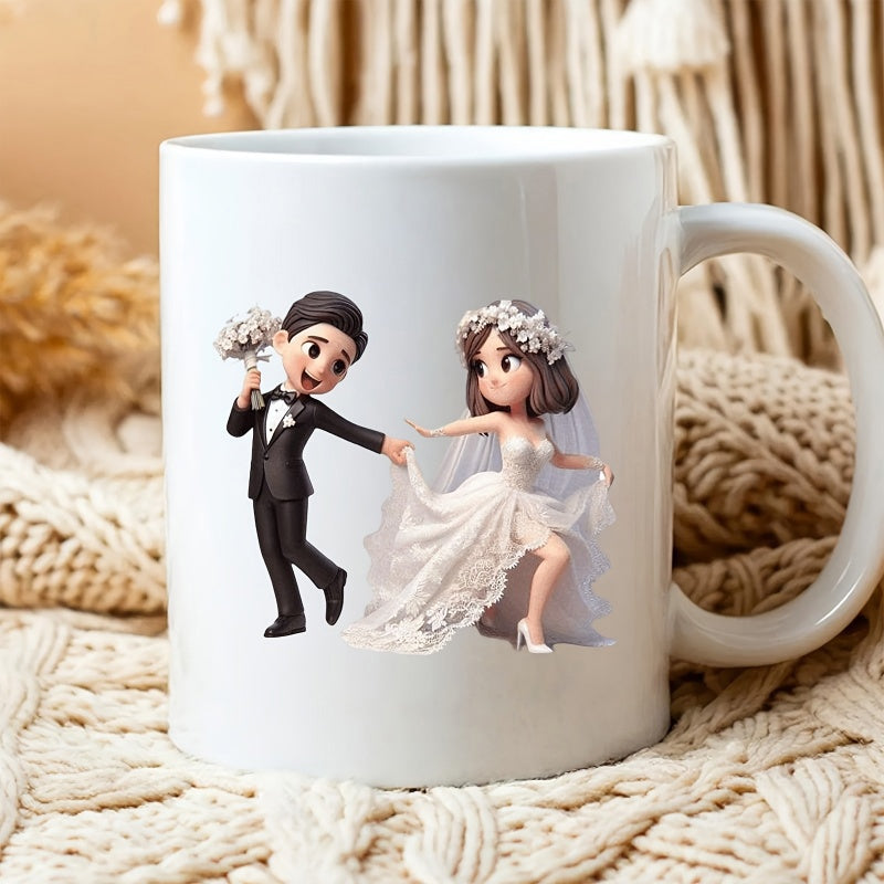 Tailorly White Ceramic 11 oz Mug - Adorable 3D Cartoon Wedding Pair Dancing Joyfully In Elegant White Attire Couple