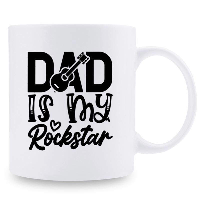 Tailorly White Ceramic 11 oz Mug - Dad Is My Rockstar Minimalist Guitar Silhouette Nestled Within Bold Lettering And Small Delicate Heart Mug