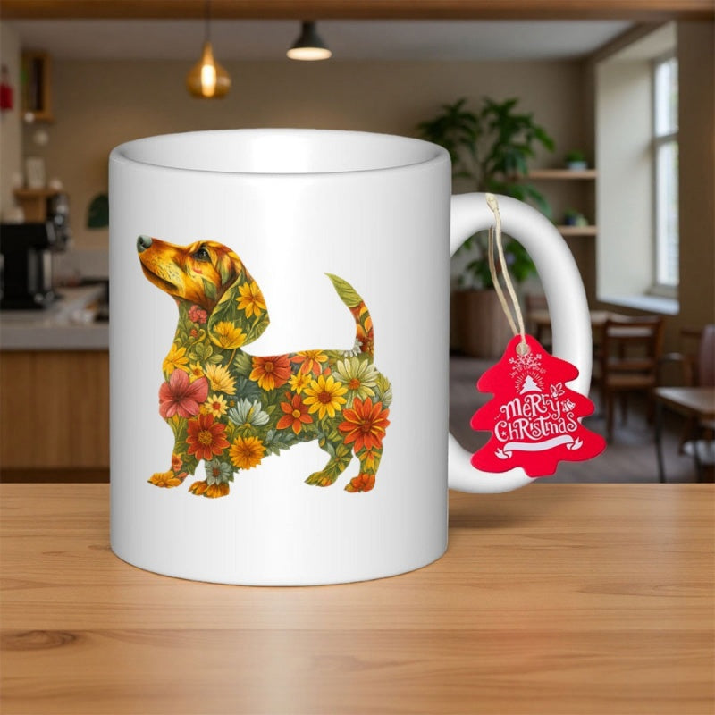 Tailorly White Ceramic 11 oz Mug - Merry Christmas Vibrant Blooming Flowers And Colorful Garden Botanicals Silhouette Dachshund