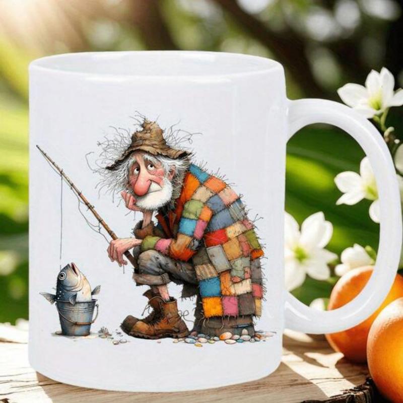 Tailorly White Ceramic 11 oz Mug - Whimsical Elderly Man Wearing Colorful Patchwork Jacket Holding Fishing Rod Fisherman