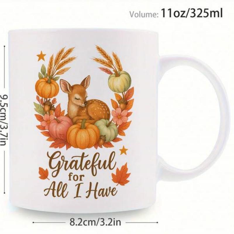 Tailorly White Ceramic 11 oz Mug - Grateful For All I Have Little Fawn Resting Among Autumn Pumpkins And Golden Wheat Fawn