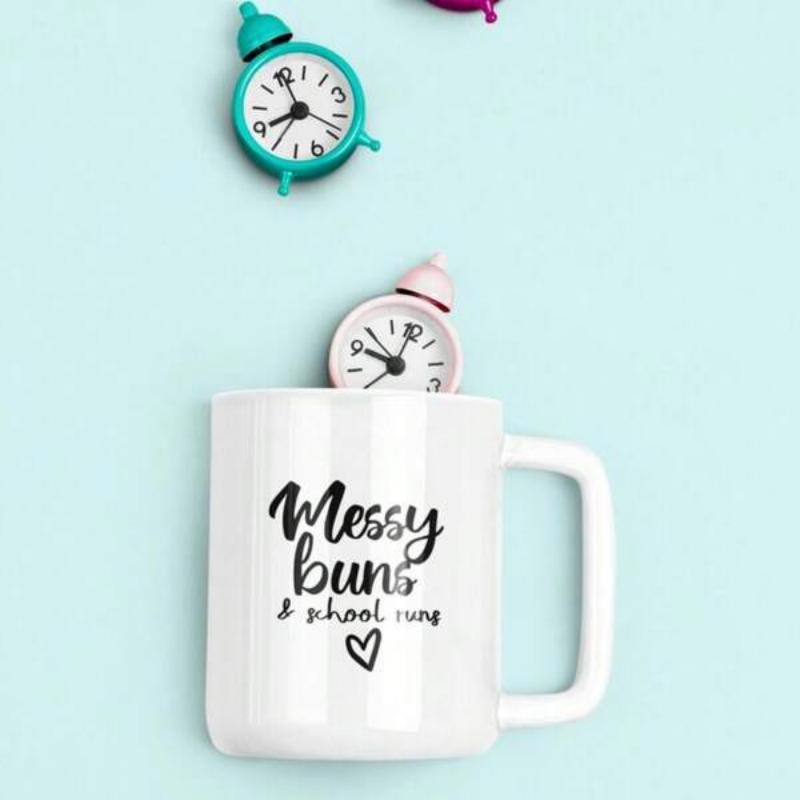 Tailorly White Ceramic 11 oz Mug - Messy Buns School Runs Minimalist White Ceramic With Hand Drawn Heart And Artistic Calligraphy Mug