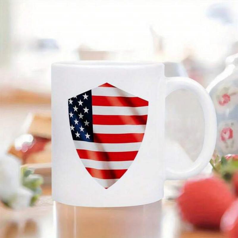 Tailorly White Ceramic 11 oz Mug - Patriotic American Flag Pattern With Stars And Stripes On A Glossy Shield