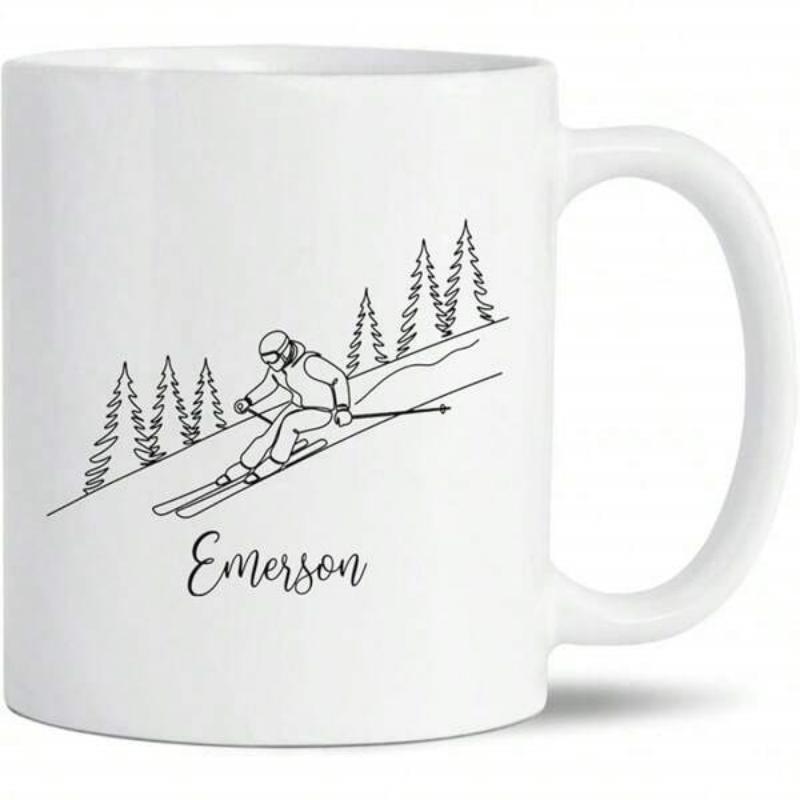 Tailorly White Ceramic 11 oz Mug - Emerson Minimalist Line Art Skier Descending Down Steep Snowy Mountain Slope With Trees Skier