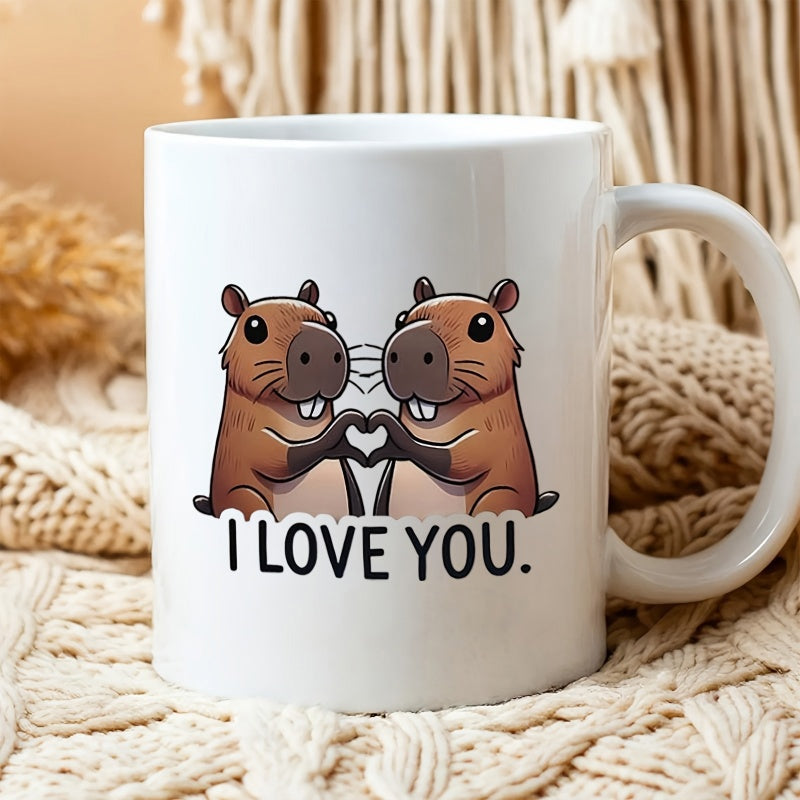 Tailorly White Ceramic 11 oz Mug - I Love You Two Cute Brown Capybaras Making A Heart Shape With Paws Capybara