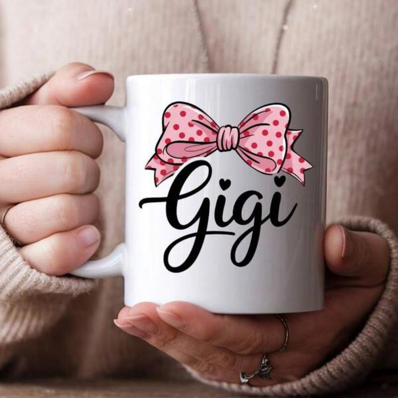 Tailorly White Ceramic 11 oz Mug - Gigi Pink Polka Dot Ribbon Decorated With Delicate Cursive Hearts Bow