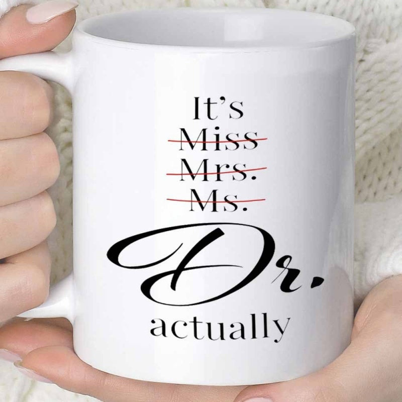 Tailorly White Ceramic 11 oz Mug - Its Miss Mrs Ms Dr Actually Red Strike Lines Crossing Out Feminine Titles In Elegant Script Design