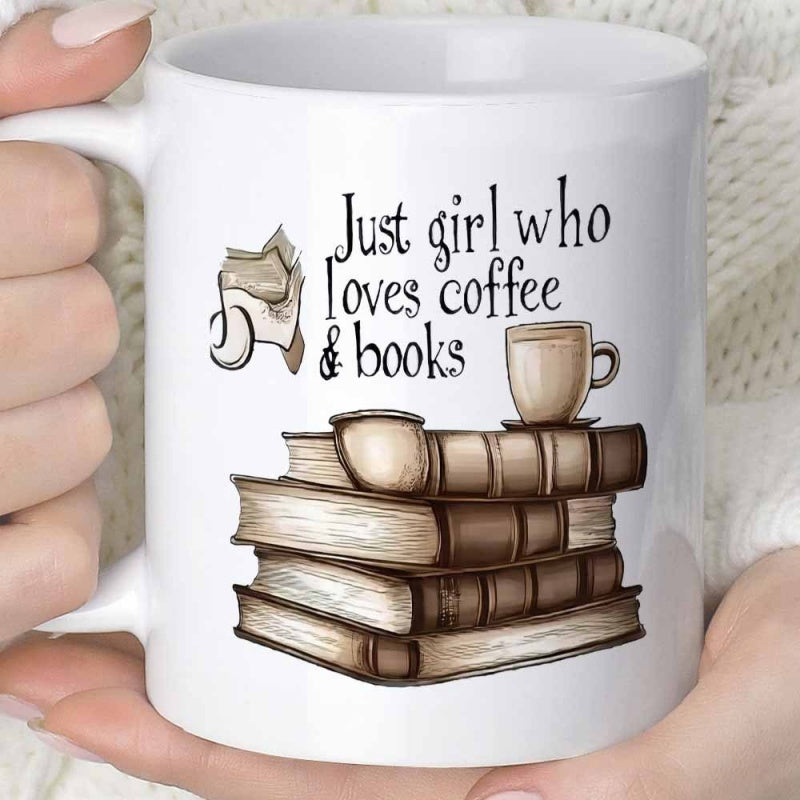 Tailorly White Ceramic 11 oz Mug - Just Girl Who Loves Coffee Books Stack Of Weathered Vintage Literature Under Warm Steaming Ceramic Mug Books