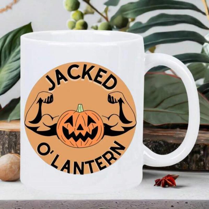 Tailorly White Ceramic 11 oz Mug - Jacked Olantern Strong Muscular Flexing Arms On A Vibrant Orange Circular Backdrop Pumpkin