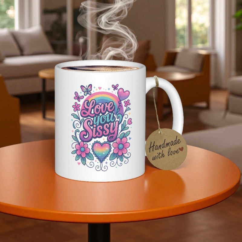 Tailorly White Ceramic 11 oz Mug - Love You Sissy Whimsical Pastel Clouds With Vibrant Butterflies Flowers And Radiant Hearts Rainbow
