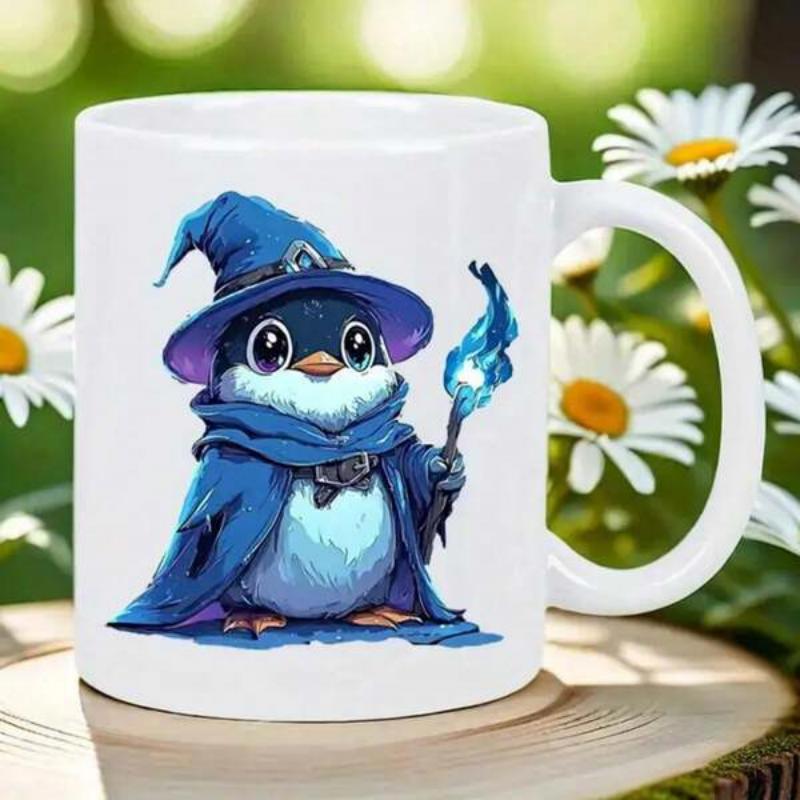 Tailorly White Ceramic 11 oz Mug - Adorable Tiny Penguin Wearing Blue Wizard Robes Holding Glowing Magic Staff Penguin