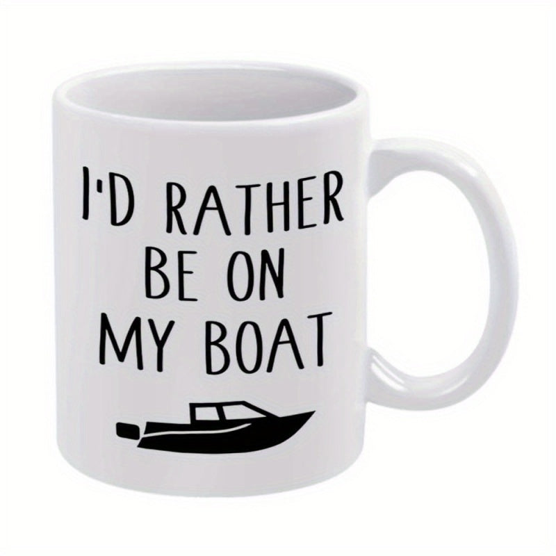 Tailorly White Ceramic 11 oz Mug - I'D Rather Be On My Boat Simple Minimalist Black Silhouette Of A Fast Speeding Watercraft Boat