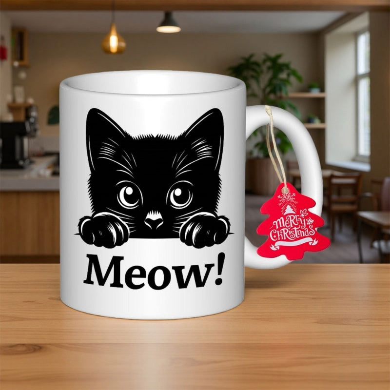 Tailorly White Ceramic 11 oz Mug - Meow Adorable Peeking Black Pet With Large Expressive Eyes And Cute Paws Kitten