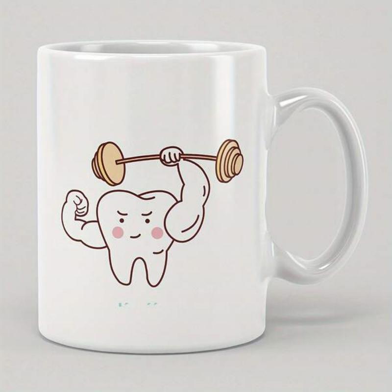 Tailorly White Ceramic 11 oz Mug - Strong Muscular Cartoon Lifting Heavy Barbell With Determined Facial Expression Tooth