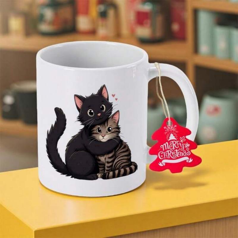 Tailorly White Ceramic 11 oz Mug - Two Adorable Cartoon Feline Friends Sharing A Warm Heartfelt Gentle Hugging Cat