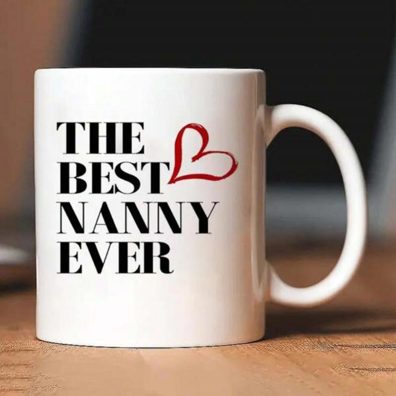 Tailorly White Ceramic 11 oz Mug - The Best Nanny Ever Minimalist Red Hand Drawn Heart Beside Bold Black Serif Typography Sign