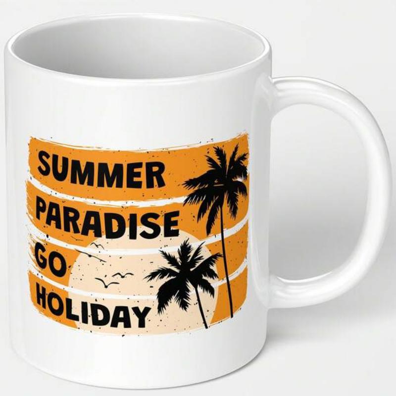 Tailorly White Ceramic 11 oz Mug - Summer Paradise Go Holiday Tropical Sunset Silhouetted Palm Trees And Flying Birds In Golden Sky Palm Tree