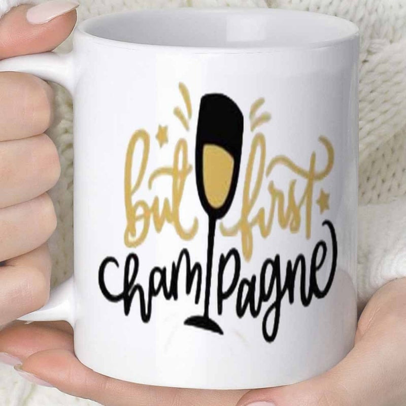 Tailorly White Ceramic 11 oz Mug - But First Champagne Sparkling Golden Flute With Bubbles And Minimalist Decorative Twinkling Stars Glass