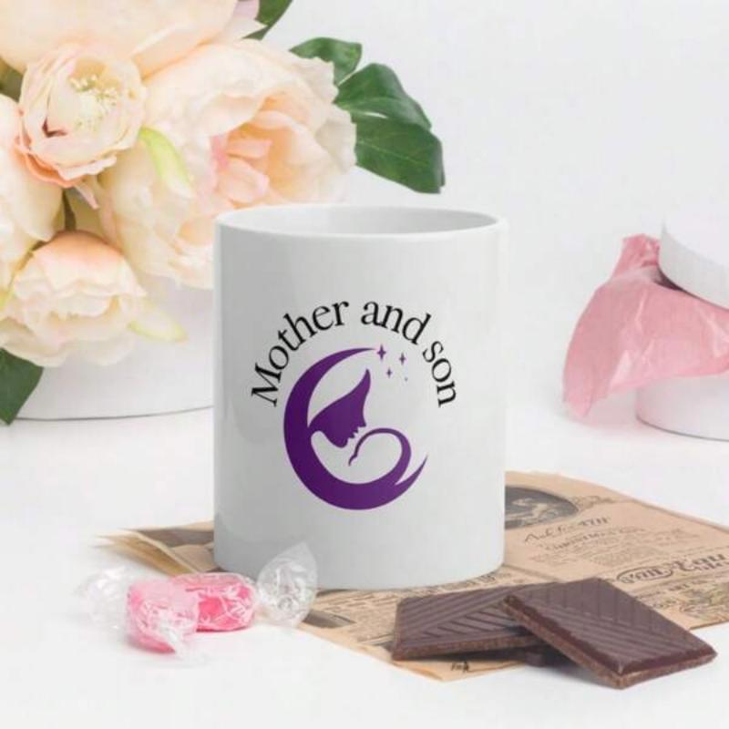 Tailorly White Ceramic 11 oz Mug - Mother And Son Elegant Purple Profile Illustrating A Loving Mother Cradling Her Child Illustration
