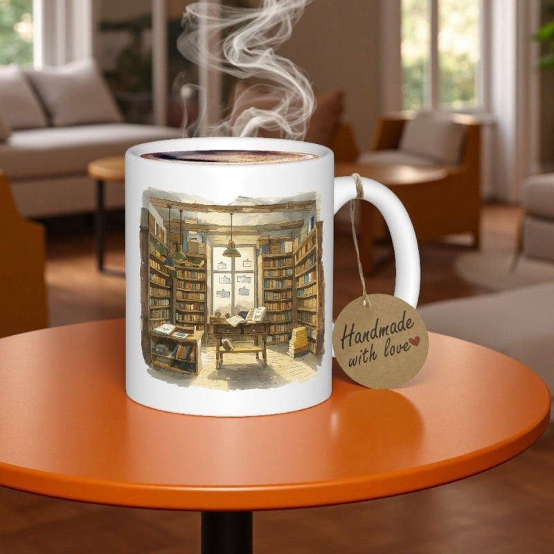 Tailorly White Ceramic 11 oz Mug - Handmade With Love Cozy Vintage Room Filled With Old Books And Warm Sunlight Library