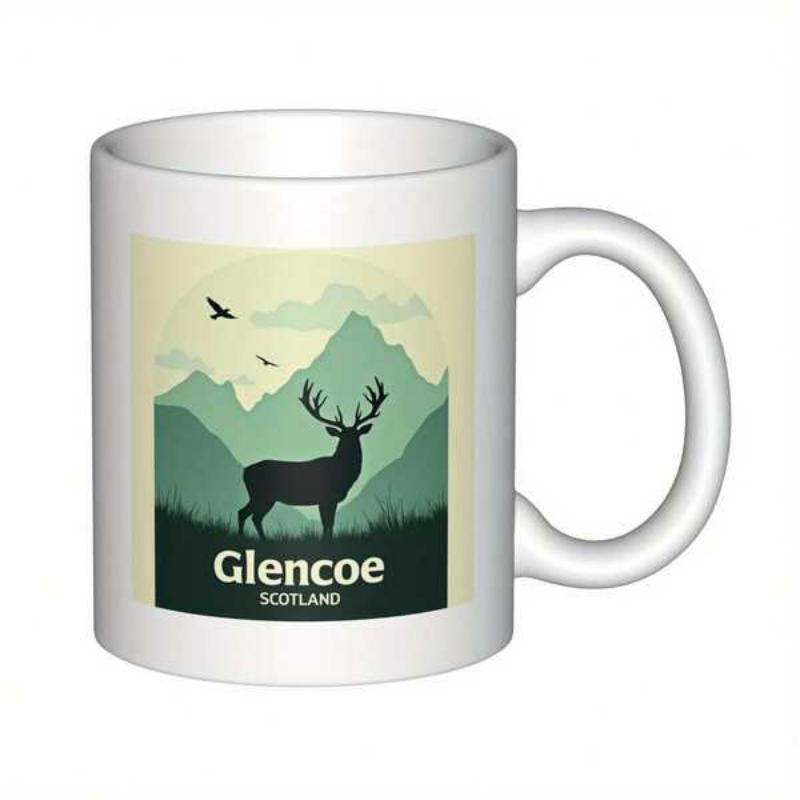 Tailorly White Ceramic 11 oz Mug - Glencoe Scotland Majestic Silhouette Of A Stag Standing Among Mountain Peaks And Flying Birds Stag