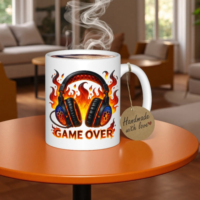 Tailorly White Ceramic 11 oz Mug - Game Over Stylish Gaming Headset Surrounded By Vibrant Intense Burning Orange Fire Headphones