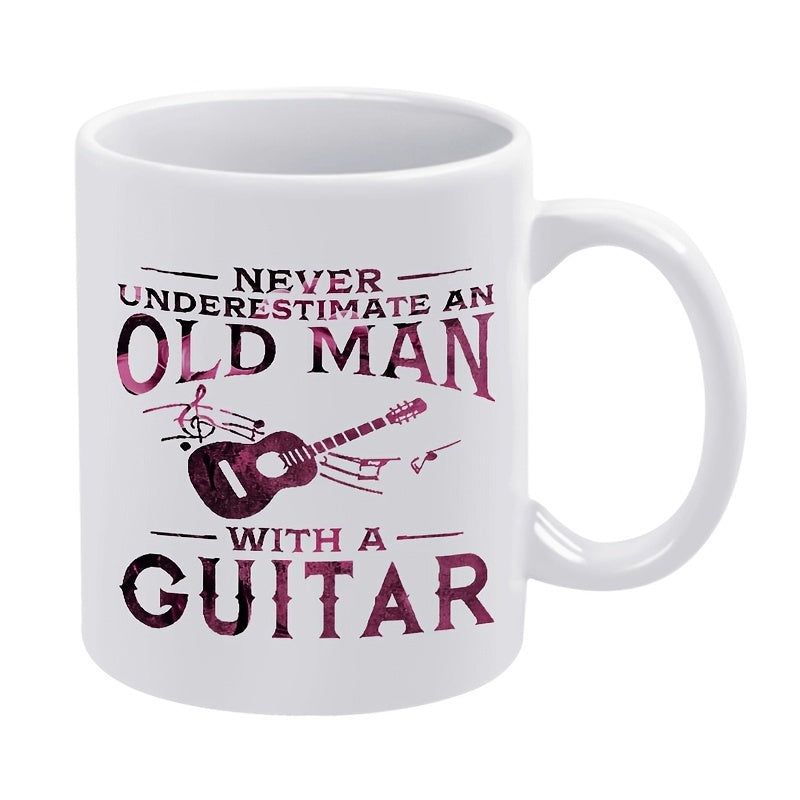 Tailorly White Ceramic 11 oz Mug - Never Underestimate An Old Man With A Guitar Vintage Styled Acoustic Musical Instrument With Rhythmic Notes And Artistic Flowing