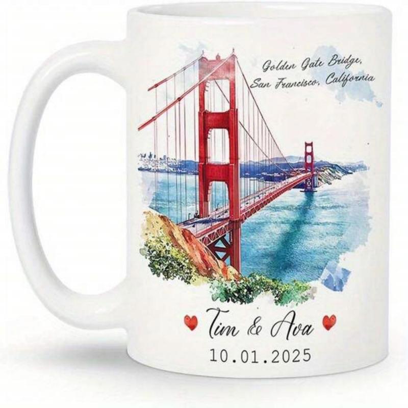 Tailorly White Ceramic 11 oz Mug - Golden Gate Bridge San Francisco California Tim Ava Majestic Red Landmark Spanning Deep Blue Waters Among Artistic Clouds Bridge
